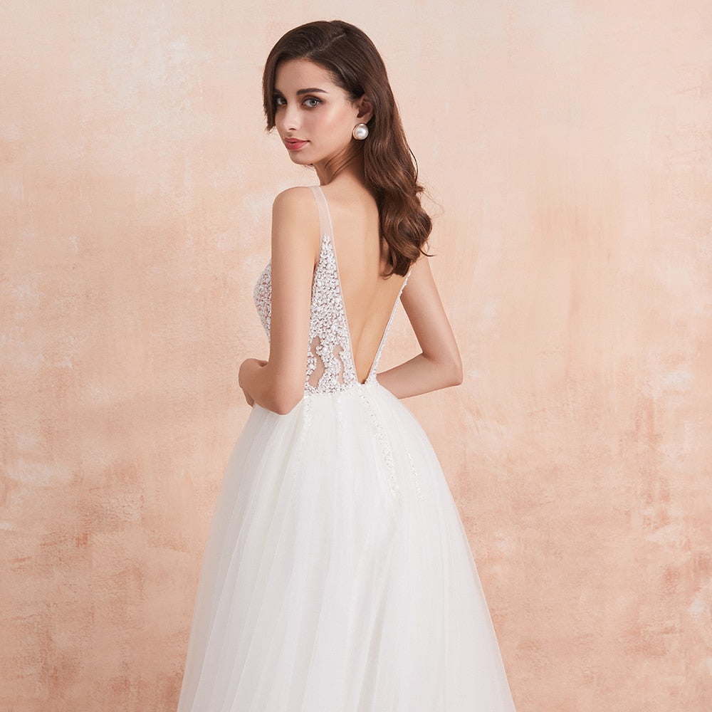 Baoleely V Neck Wedding Dress White Ivory Sexy High Splits Beaded Beading Pearls Crystal A Line Backless Bridal Gown Vestido De Noiva