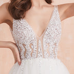 Baoleely V Neck Wedding Dress White Ivory Sexy High Splits Beaded Beading Pearls Crystal A Line Backless Bridal Gown Vestido De Noiva