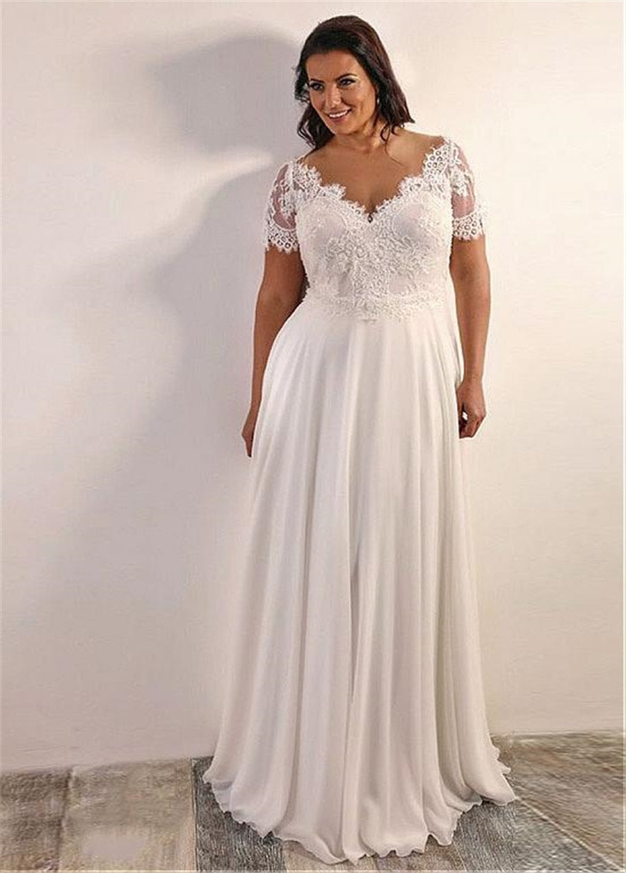 Baoleely Chiffon A-line Plus Size Wedding Dress With Beaded Lace Appliques Short Sleeves Lace Up Back 28W Size Bridal Dresses