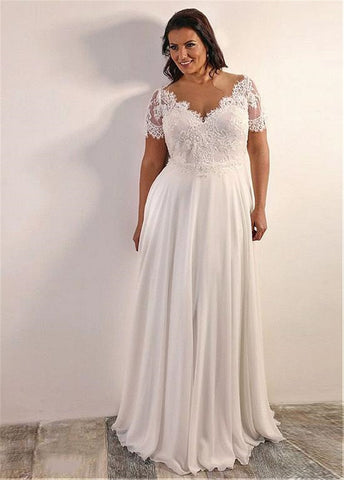 Vestido de novia Baoleely de gasa, corte en A, talla grande, con apliques de encaje con cuentas, mangas cortas y espalda con cordones (talla 28W).
