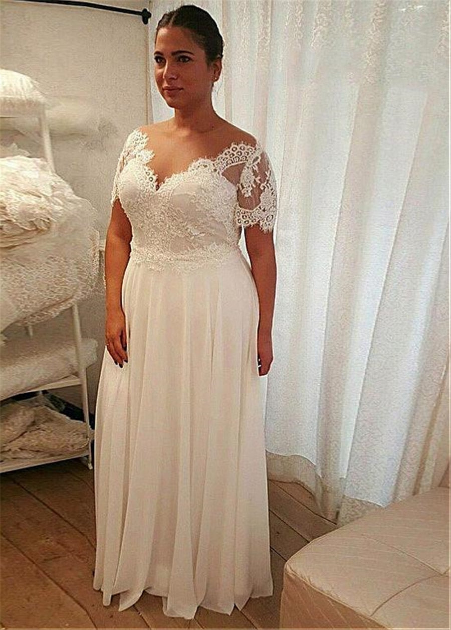 Baoleely Chiffon A-line Plus Size Wedding Dress With Beaded Lace Appliques Short Sleeves Lace Up Back 28W Size Bridal Dresses