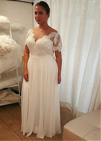 Vestido de novia Baoleely de gasa, corte en A, talla grande, con apliques de encaje con cuentas, mangas cortas y espalda con cordones (talla 28W).