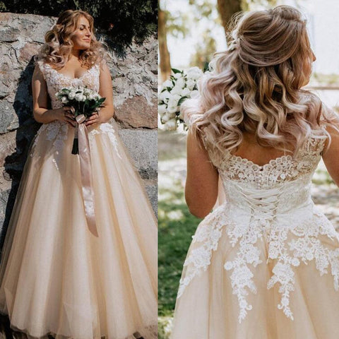 Vestido de novia largo y elegante de corte A con escote en V, apliques de encaje, mangas casquillo y detalles de perlas con cordones, estilo Baoleely.