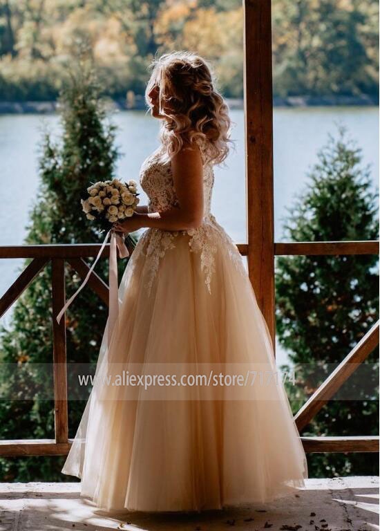 Baoleely V-neck Lace Applique Cap Sleeve Long Elegant A-line Wedding Dress with Lace-up Pearls Champagne Bridal Dress vestido de novia