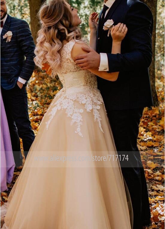 Baoleely V-neck Lace Applique Cap Sleeve Long Elegant A-line Wedding Dress with Lace-up Pearls Champagne Bridal Dress vestido de novia