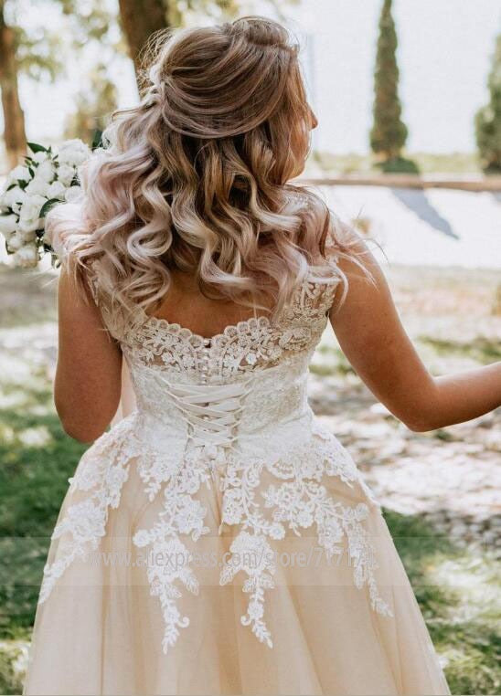 Baoleely V-neck Lace Applique Cap Sleeve Long Elegant A-line Wedding Dress with Lace-up Pearls Champagne Bridal Dress vestido de novia