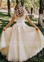 Baoleely V-neck Lace Applique Cap Sleeve Long Elegant A-line Wedding Dress with Lace-up Pearls Champagne Bridal Dress vestido de novia