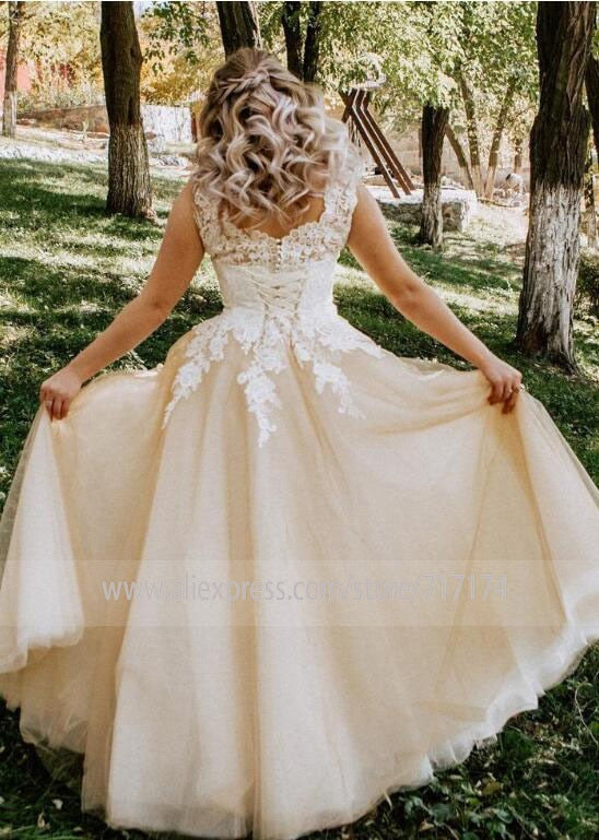 Baoleely V-neck Lace Applique Cap Sleeve Long Elegant A-line Wedding Dress with Lace-up Pearls Champagne Bridal Dress vestido de novia