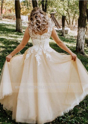 Vestido de novia largo y elegante de corte A con escote en V, apliques de encaje, mangas casquillo y detalles de perlas con cordones, estilo Baoleely.