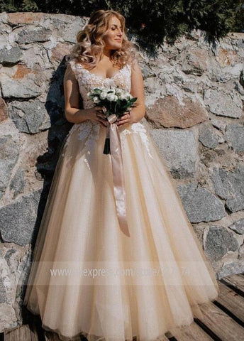 Vestido de novia largo y elegante de corte A con escote en V, apliques de encaje, mangas casquillo y detalles de perlas con cordones, estilo Baoleely.