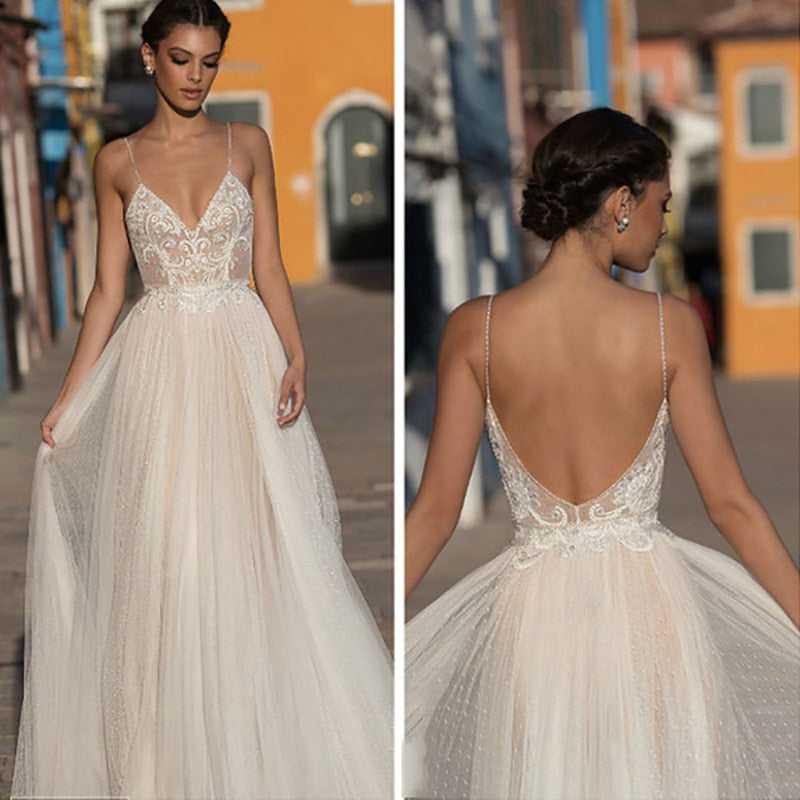 Baoleely Eightree Beach Wedding Dress Boho vestido de noiva Bohemian Lace Bridal Dress Backless Spaghetti Straps V Neck Wedding Gowns