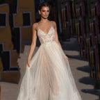 Baoleely Eightree Beach Wedding Dress Boho vestido de noiva Bohemian Lace Bridal Dress Backless Spaghetti Straps V Neck Wedding Gowns