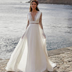 Baoleely Bohemian Wedding Dress 2021 Long Sleeve V-Neck Floor Length Chiffon A-Line lace Back Bridal Gowns  With Belt Charming For Women