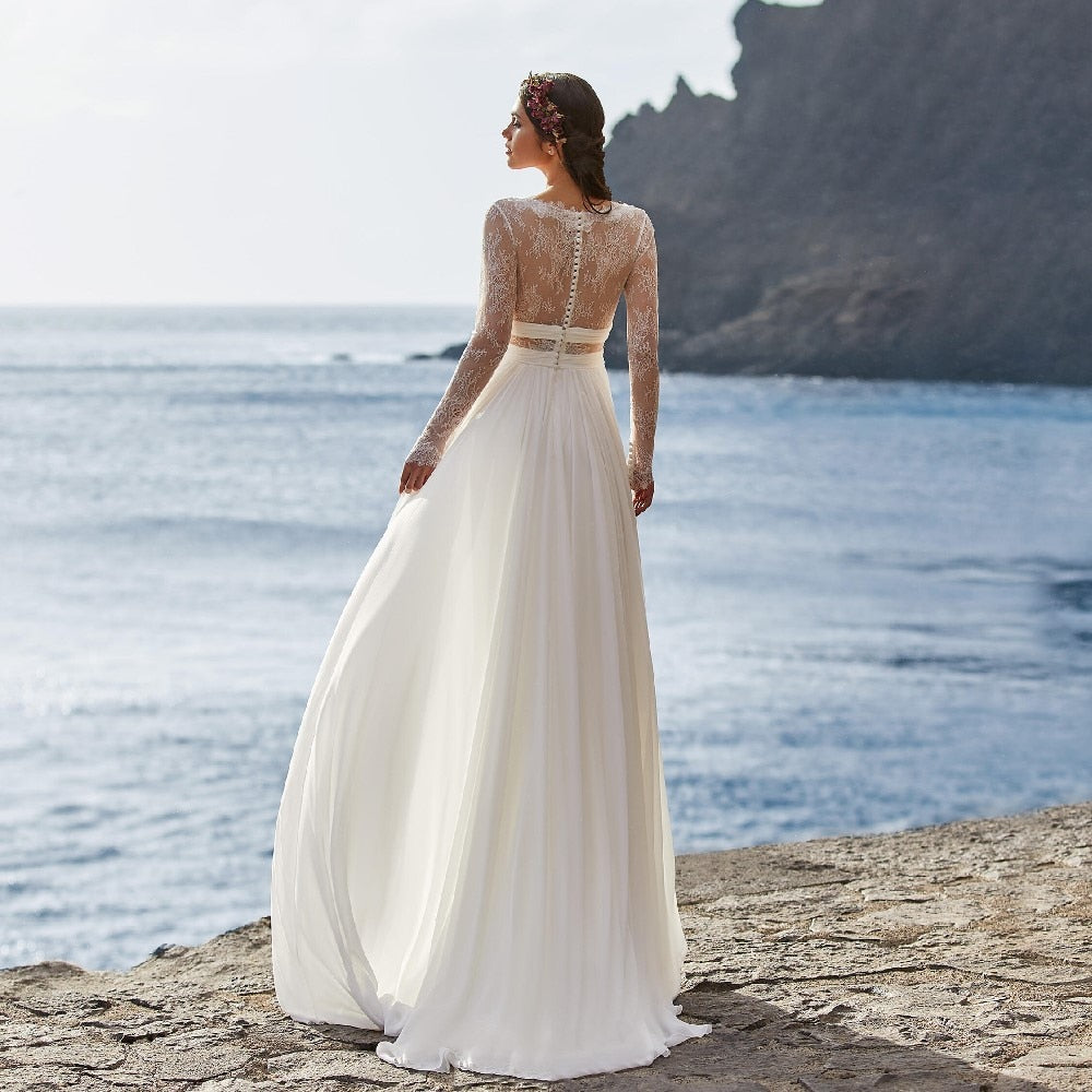 Baoleely Bohemian Wedding Dress 2021 Long Sleeve V-Neck Floor Length Chiffon A-Line lace Back Bridal Gowns  With Belt Charming For Women