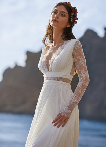 Vestido de novia bohemio Baoleely 2021, manga larga, escote en V, largo hasta el suelo, corte en A, espalda de encaje, con cinturón, encantador para mujer