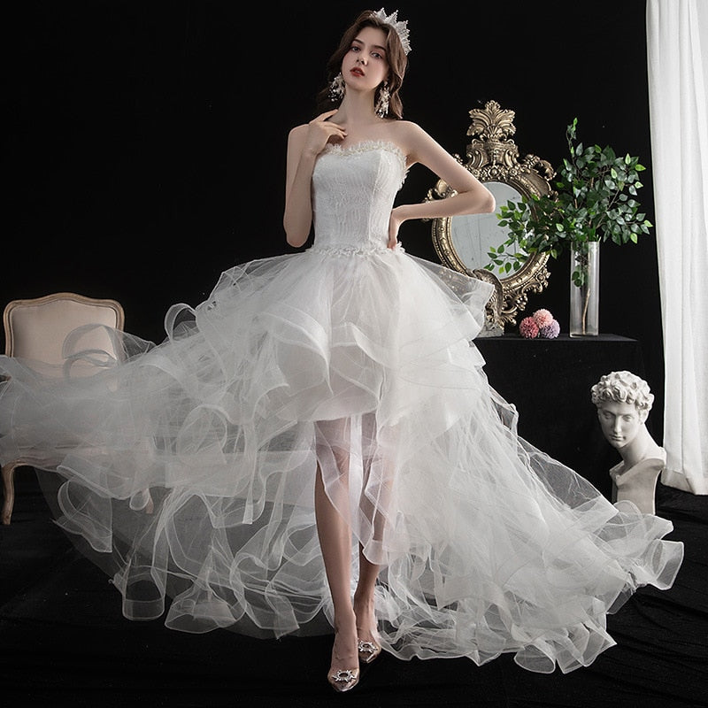 Baoleely Vestido De Noiva New Front Short Long Back Strapless Wedding Dress Sweet Bride Dress With Train Custom Made Wedding Gown L