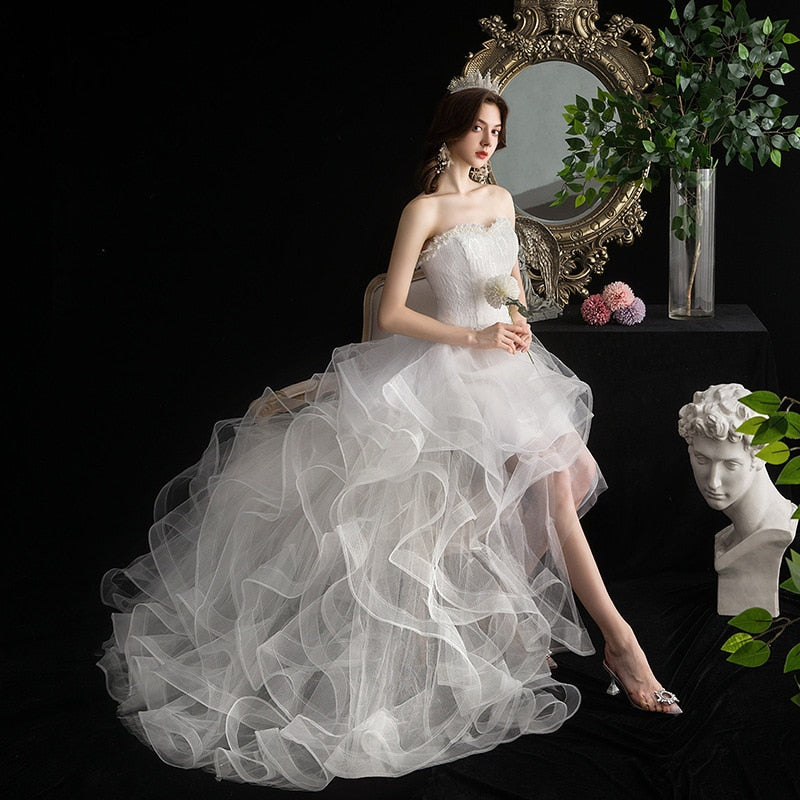 Baoleely Vestido De Noiva New Front Short Long Back Strapless Wedding Dress Sweet Bride Dress With Train Custom Made Wedding Gown L