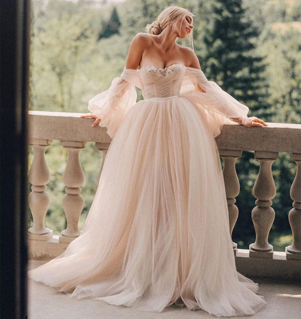 Baoleely Wedding Dress Ball Gowns Long Puff Sleeve Champagne Off Shoulder Brilliant Brdal Gowns robe de mariée bohème vestidos de novia