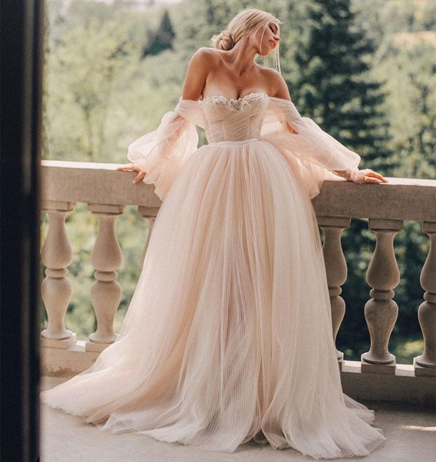 Baoleely Wedding Dress Ball Gowns Long Puff Sleeve Champagne Off Shoulder Brilliant Brdal Gowns robe de mariée bohème vestidos de novia