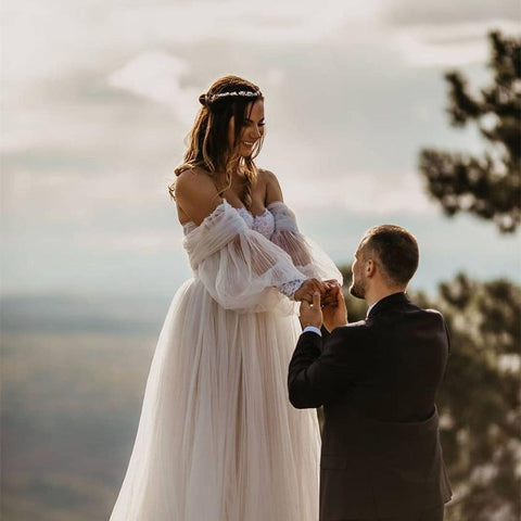 Baoleely Vestido de novia Vestidos de gala Manga larga abullonada Champán con hombros descubiertos Vestidos de novia brillantes robe de mariée bohème vestidos de novia