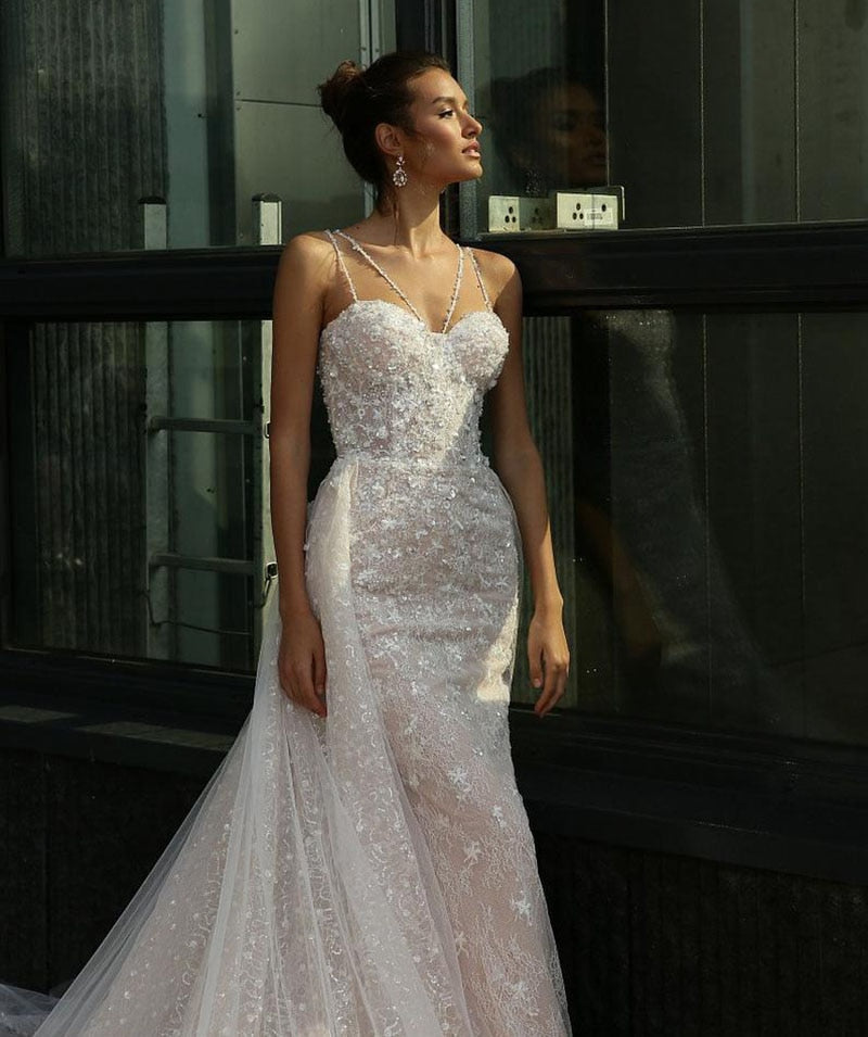 Baoleely Vintage Mermaid Wedding Dress Sexy Sweetheart Lace Appliques 2 in 1 Bridal Dress Detachable Skirt Wedding Gowns