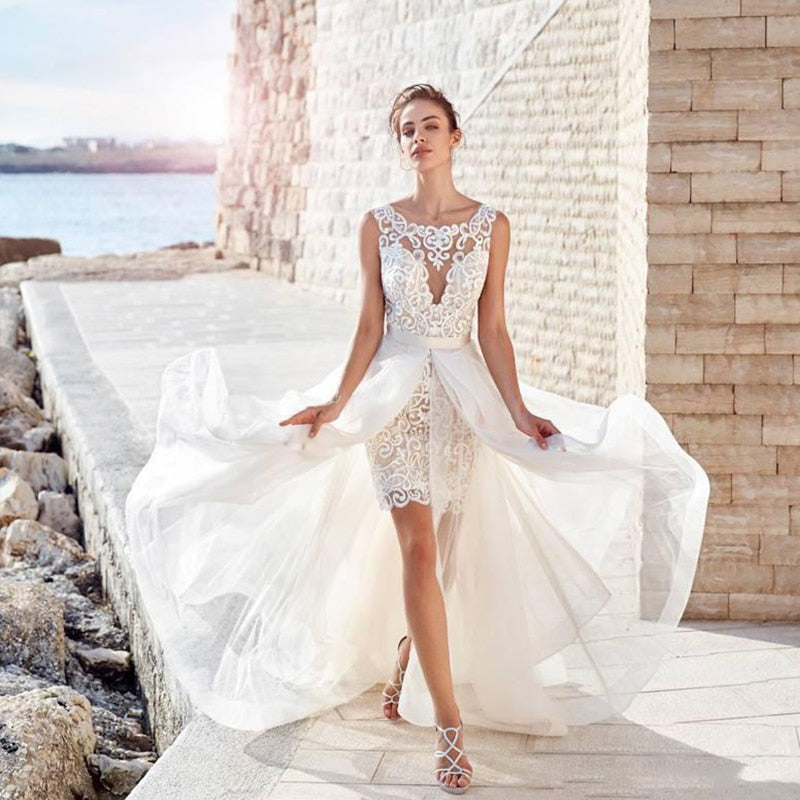 Baoleely Wedding Dress Boho  Vintage 2 IN 1 Front Short Long Back Chiffon Simple Beach Sleeve Civil Rustic Robe De Mariee Charming
