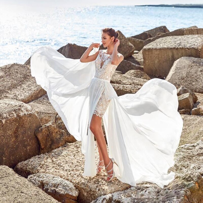 Baoleely Wedding Dress Boho  Vintage 2 IN 1 Front Short Long Back Chiffon Simple Beach Sleeve Civil Rustic Robe De Mariee Charming