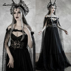Baoleely Lakshmigow Dark Fairytale Gothic Black Wedding Dresses with Cupped Corset Bodice Fantasy Bridal Gown Halloween Wedding Cloak