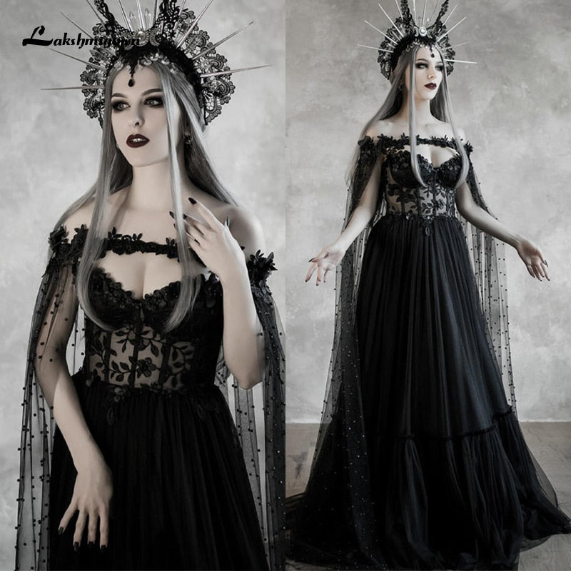 Baoleely Lakshmigow Dark Fairytale Gothic Black Wedding Dresses with Cupped Corset Bodice Fantasy Bridal Gown Halloween Wedding Cloak