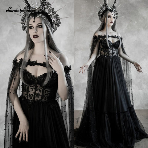 Vestido de novia gótico negro de cuento de hadas oscuro de Baoleely Lakshmigow con corpiño de corsé con copas, vestido de novia de fantasía, capa de boda de Halloween