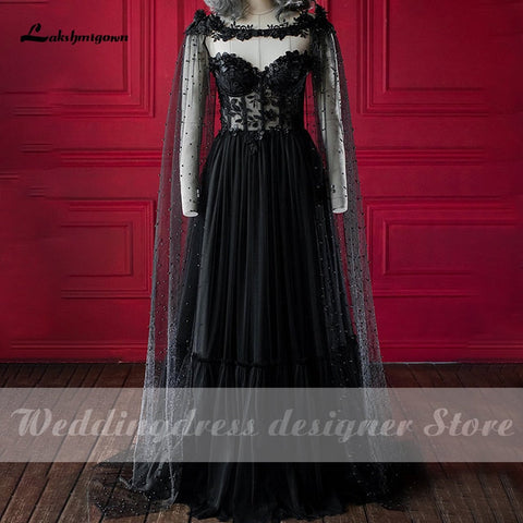 Vestido de novia gótico negro de cuento de hadas oscuro de Baoleely Lakshmigow con corpiño de corsé con copas, vestido de novia de fantasía, capa de boda de Halloween