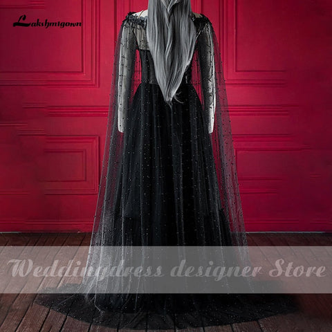 Vestido de novia gótico negro de cuento de hadas oscuro de Baoleely Lakshmigow con corpiño de corsé con copas, vestido de novia de fantasía, capa de boda de Halloween