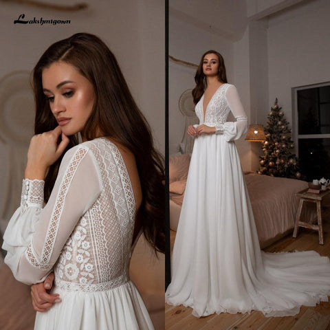 Baoleely Vestidos Boho Bridal Manches Longues Robes De Mariée A-Line Robe Longue Simple Plage Mousseline Longue Robes De Mariée Col V Profond