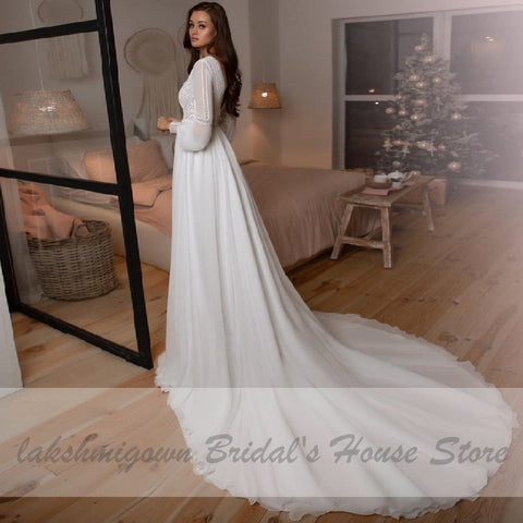 Baoleely Vestidos Boho Bridal Manches Longues Robes De Mariée A-Line Robe Longue Simple Plage Mousseline Longue Robes De Mariée Col V Profond