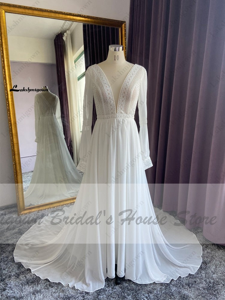 Baoleely Vestidos Boho Bridal Long Sleeve Wedding Dresses A Line  Robe Longue Simple Beach Chiffon Long Wedding Gowns Deep V-neck