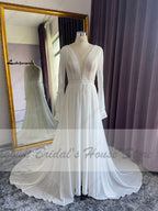 Baoleely Vestidos Boho Bridal Long Sleeve Wedding Dresses A Line  Robe Longue Simple Beach Chiffon Long Wedding Gowns Deep V-neck