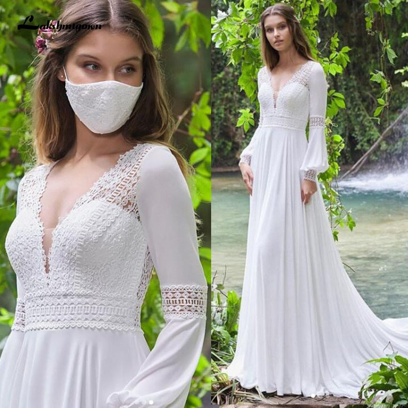 Baoleely Vintage Long Puff Sleeves Wedding Dress Lace And Chiffon A Line Bride Gowns Backless Sexy Boho Bridal Dress New  Arrival