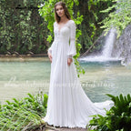 Baoleely Vintage Long Puff Sleeves Wedding Dress Lace And Chiffon A Line Bride Gowns Backless Sexy Boho Bridal Dress New  Arrival