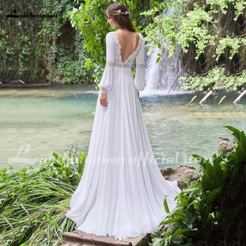 Baoleely Vintage Long Puff Sleeves Wedding Dress Lace And Chiffon A Line Bride Gowns Backless Sexy Boho Bridal Dress New  Arrival