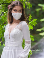Baoleely Vintage Long Puff Sleeves Wedding Dress Lace And Chiffon A Line Bride Gowns Backless Sexy Boho Bridal Dress New  Arrival