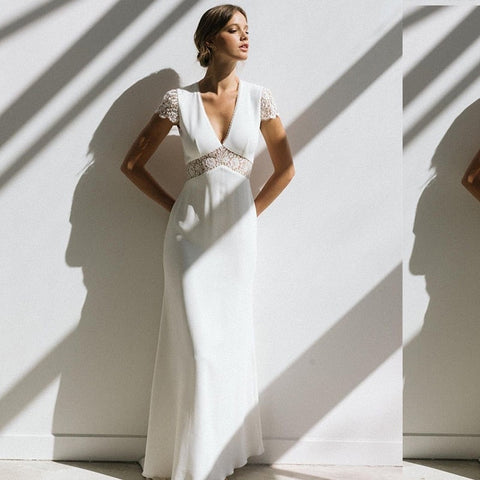 Baoleely Vintage Boho Wedding Dress Short Sleeve A-Line Backless Lace  Court Train Robe De Mariee Stunning Charming For Women Civil Cheap