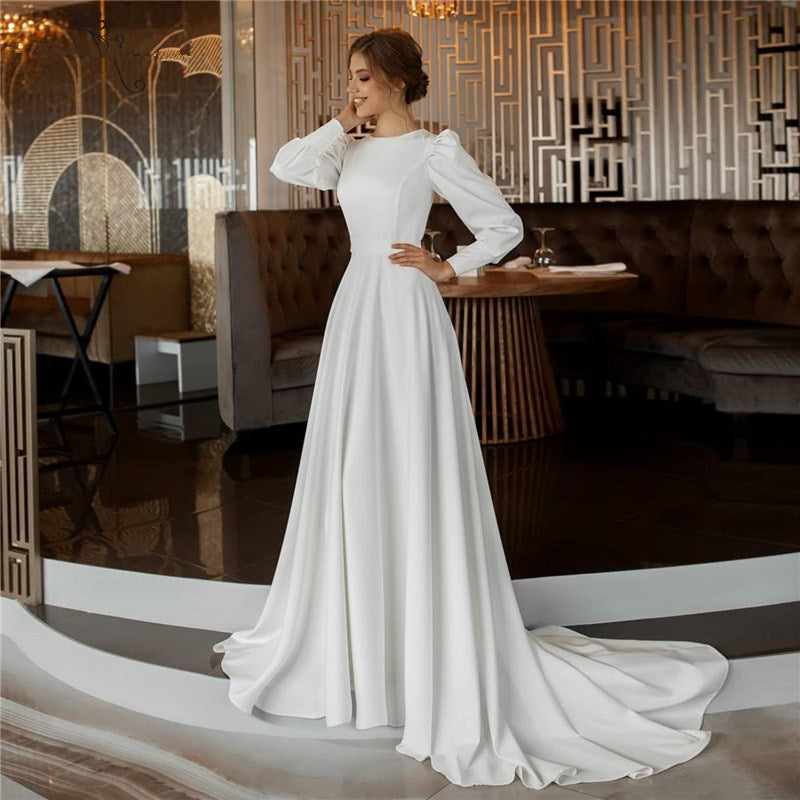 Baoleely Vestido De Noiva Simple Soft Satin Wedding Dresses Long Sleeve Muslim Bridal Gowns Dubai Back Button Plus Size A-Line Bride Dres