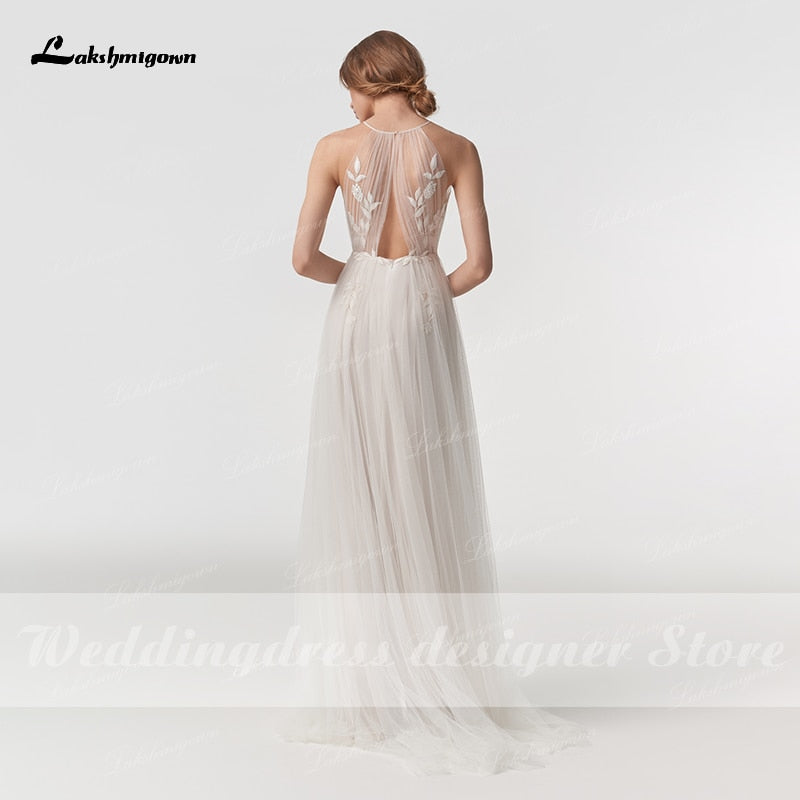 Baoleely Vintage Halter Neck Boho Beach Wedding Dresses vestido de novia  Lace Bohemian A Line Soft Tulle Bridal Gown Sleeveless