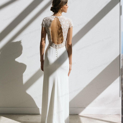 Baoleely Vintage Boho Wedding Dress Short Sleeve A-Line Backless Lace  Court Train Robe De Mariee Stunning Charming For Women Civil Cheap