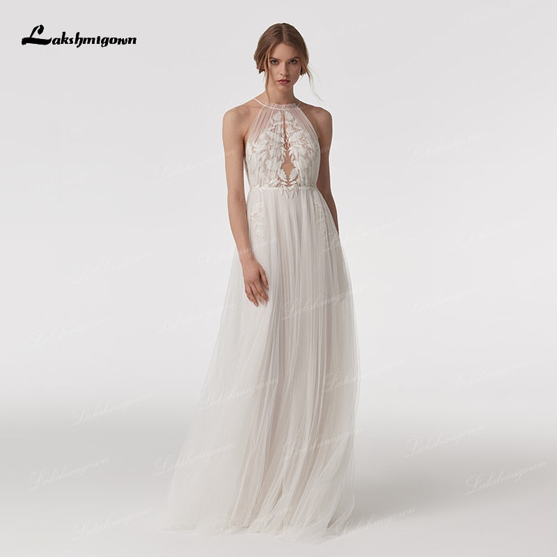 Baoleely Vintage Halter Neck Boho Beach Wedding Dresses vestido de novia  Lace Bohemian A Line Soft Tulle Bridal Gown Sleeveless
