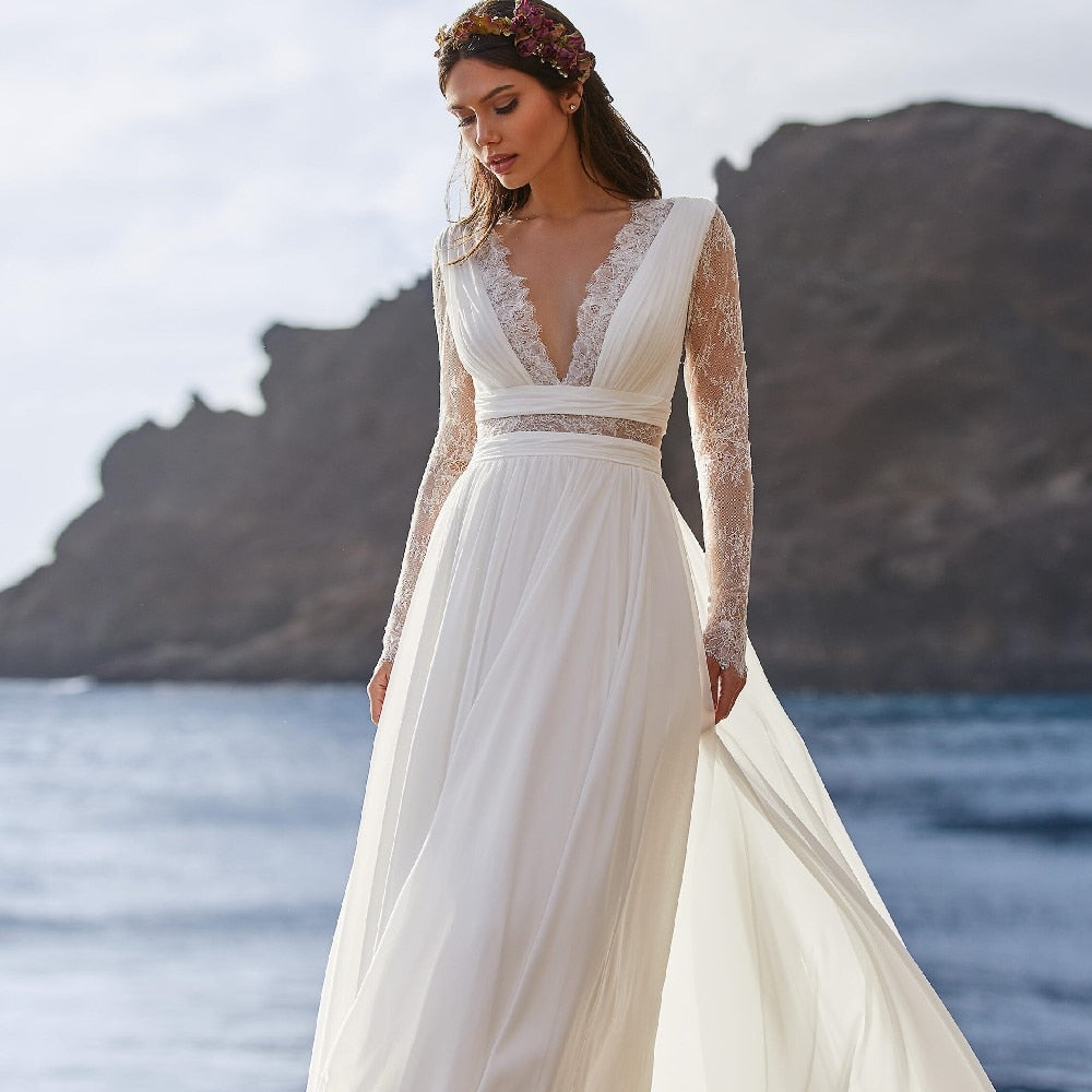 Baoleely Bohemian Wedding Dress 2021 Long Sleeve V-Neck Floor Length Chiffon A-Line lace Back Bridal Gowns  With Belt Charming For Women