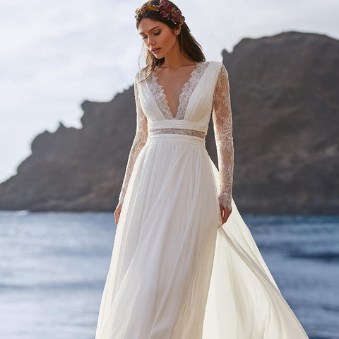 Vestido de novia bohemio Baoleely 2021, manga larga, escote en V, largo hasta el suelo, corte en A, espalda de encaje, con cinturón, encantador para mujer