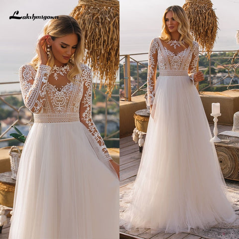Baoleely Vintage Long Sleeve Boho Wedding Dresses  vestido de novia Lace High Neck Plus Size A Line Beach Bridal Gowns robe de mariee