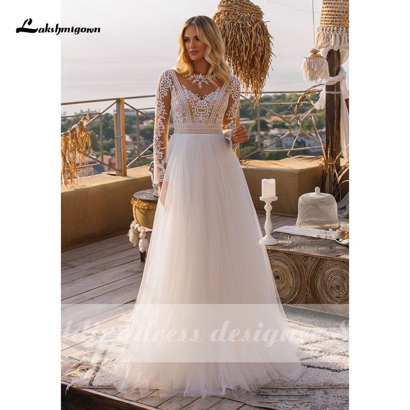 Baoleely Vintage Long Sleeve Boho Wedding Dresses  vestido de novia Lace High Neck Plus Size A Line Beach Bridal Gowns robe de mariee