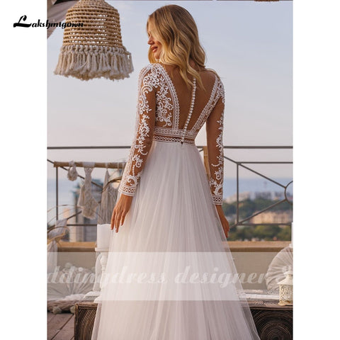 Baoleely Vintage Long Sleeve Boho Wedding Dresses  vestido de novia Lace High Neck Plus Size A Line Beach Bridal Gowns robe de mariee